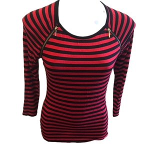 Contemporaine Red Black Striped Crewneck Long Sleeve Top size Small